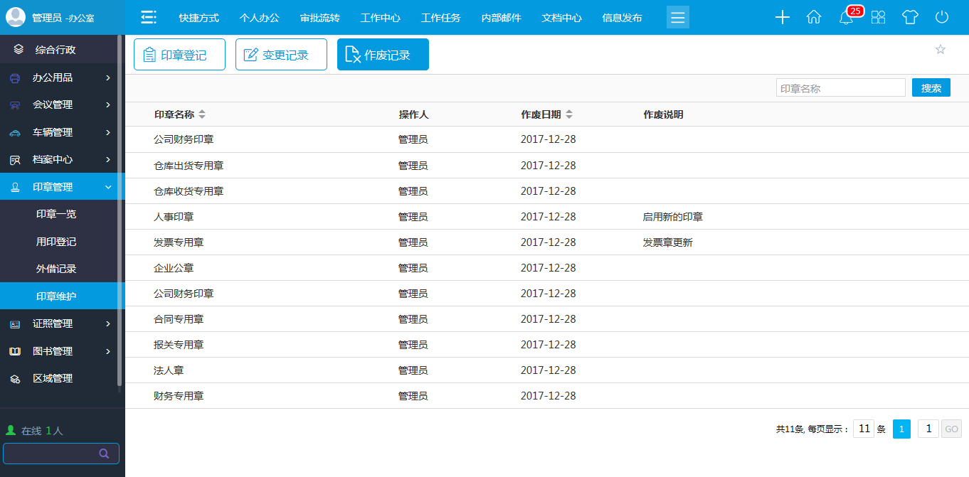 oa印章維護-進行新建、修改、作廢等維護操作